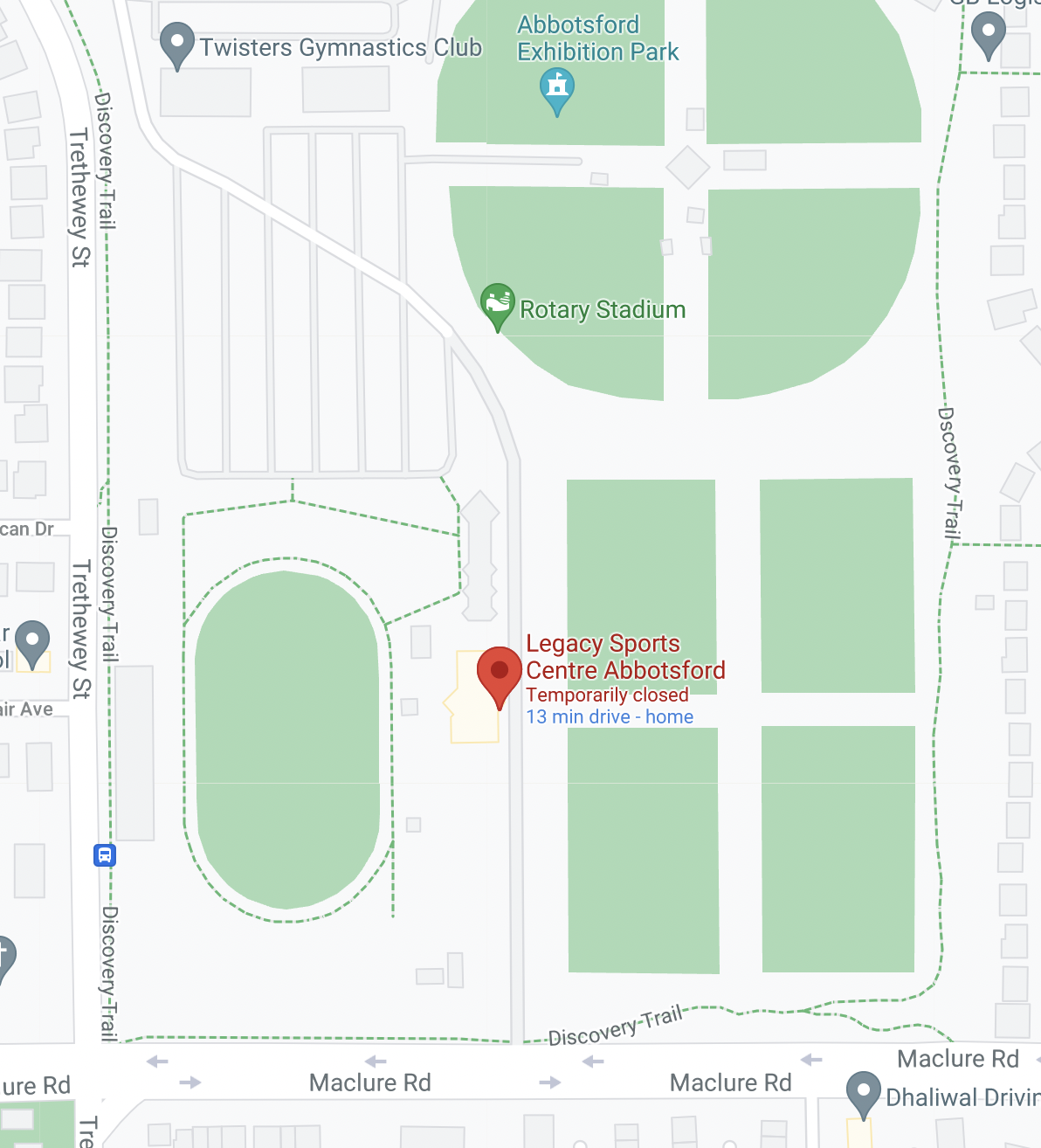 A map of Rotary Stadium in Abbotsford, showing the position of the Legacy Building