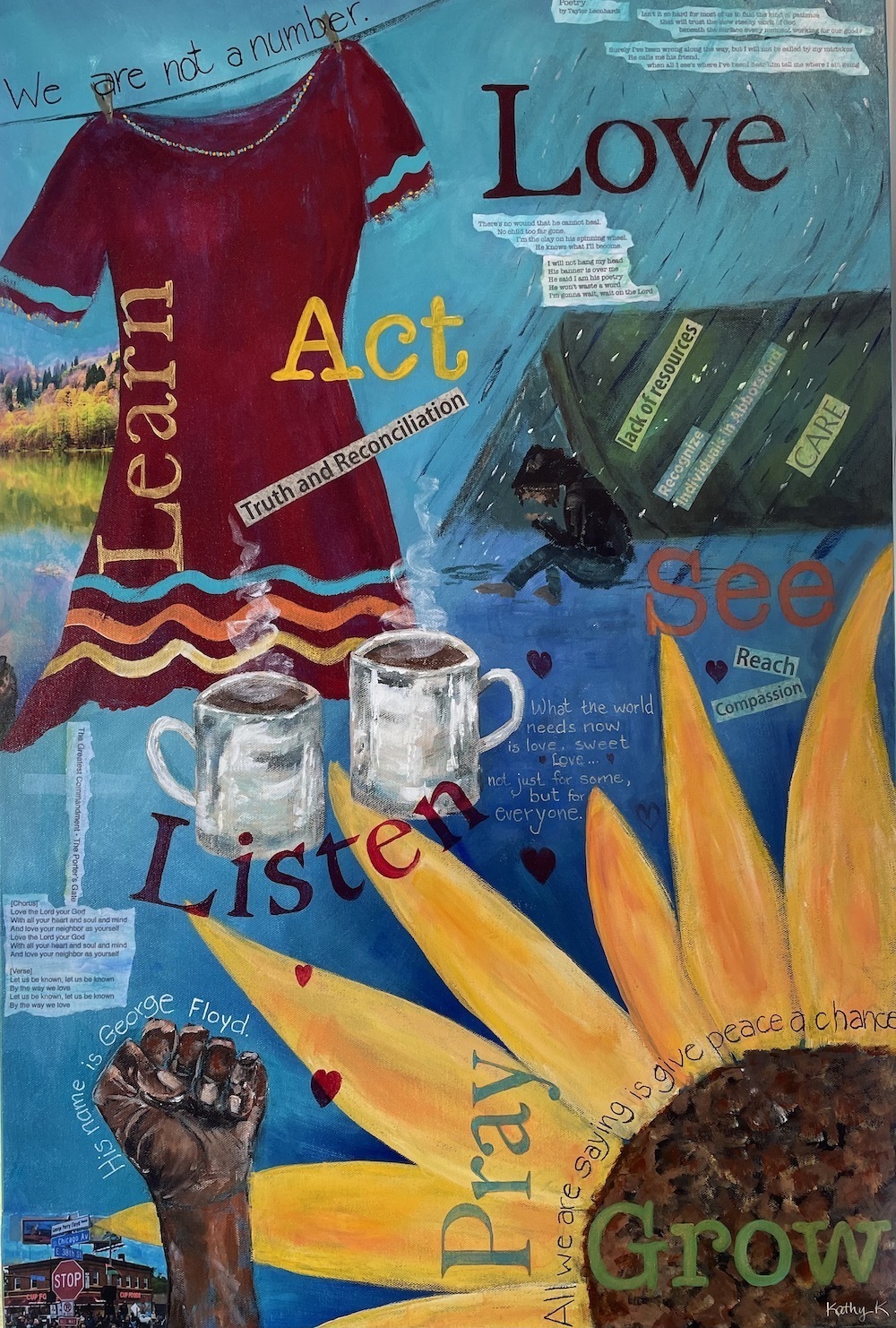 a mixed media collage image depicting peacemaking - learning acting listening praying loving