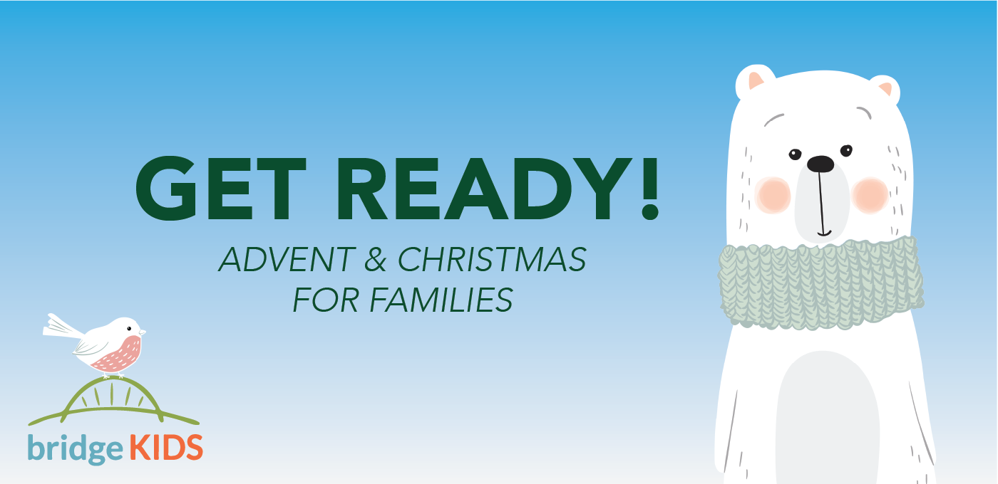A blue background with a white bird and white bear. Get ready. Advent  Christmas for families
