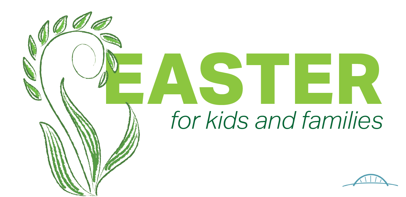 White background with green graphic plant and text Easter for kids and families in green