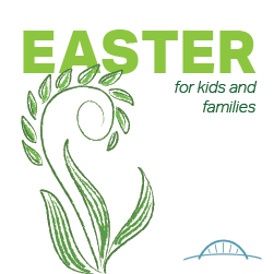 White background with green graphic plant and text Easter for kids and families in green