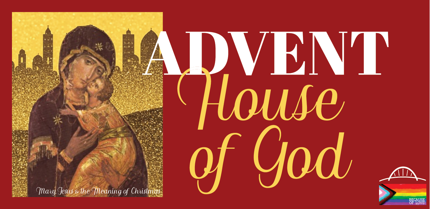 Advent House of God. Icon of Theotokos and Christ Child on red background