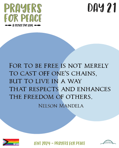 A quote from Nelson Mandela about freedom black text on a blue and white background