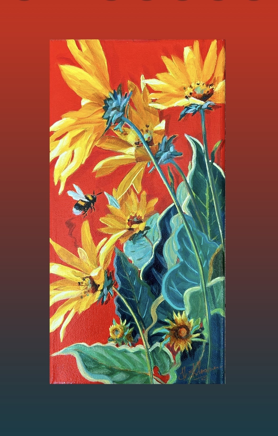 Apainting yellow flowers with green leaves and a bee on a red background