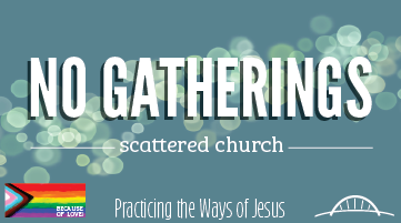 NO GATHERINGS white words on blue green light scatter background