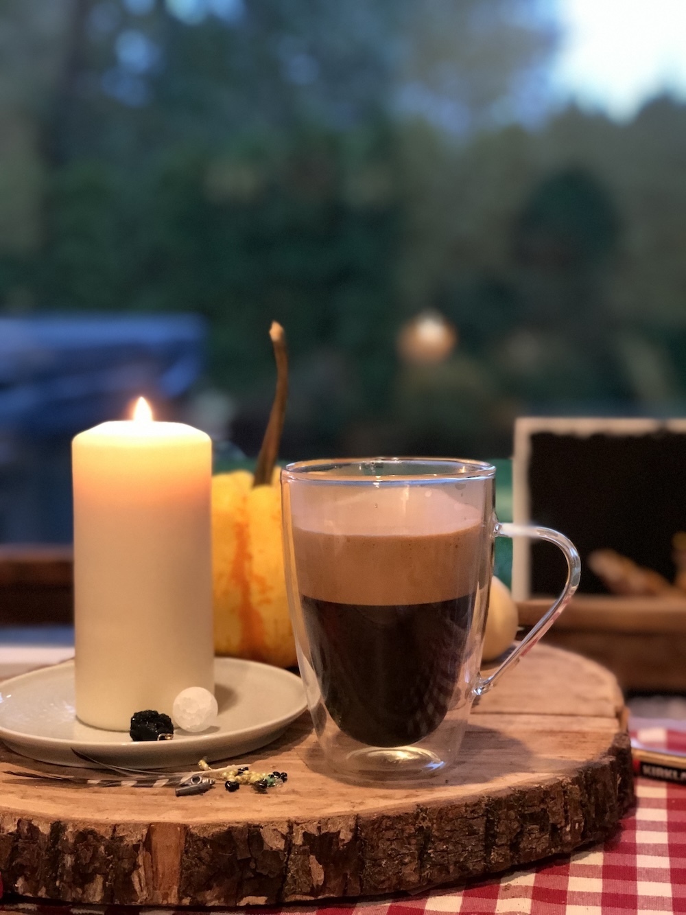 A tablescape set on a redwhite gingham table cloth wood slice candle coffee and pumpkins