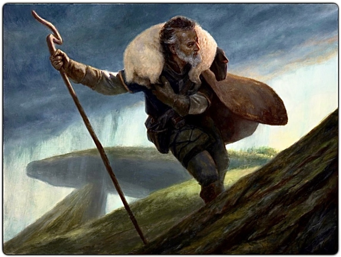 A painting a burley shepherd carries a sheep on their back using a staff to help climb a steep hill