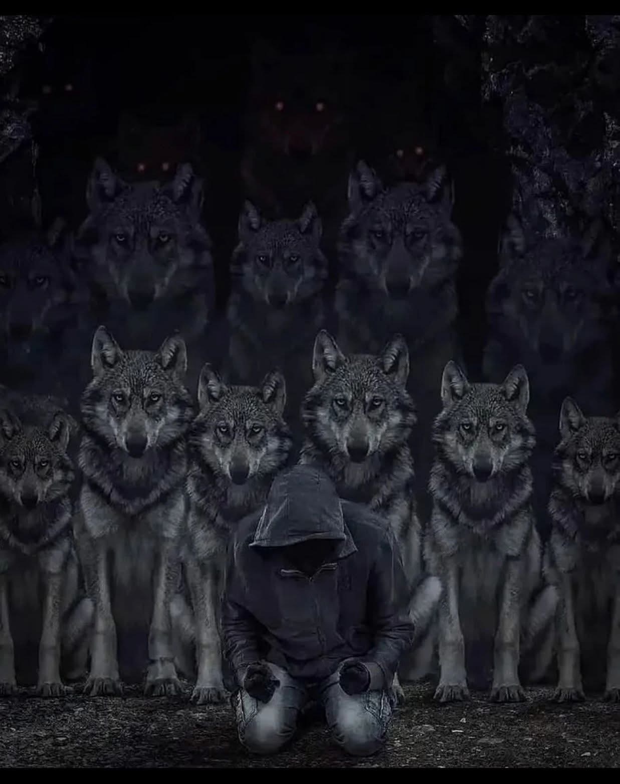 A pack of wolves stand guard behind a person on their knees.
