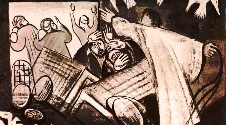 A modern drawing of Jesus clearing the temple
