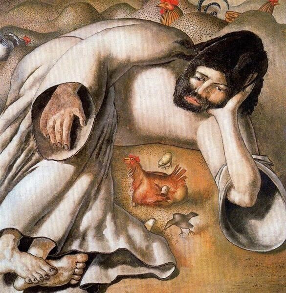 The Christ figure lies around a hen and chicks. A painting.
