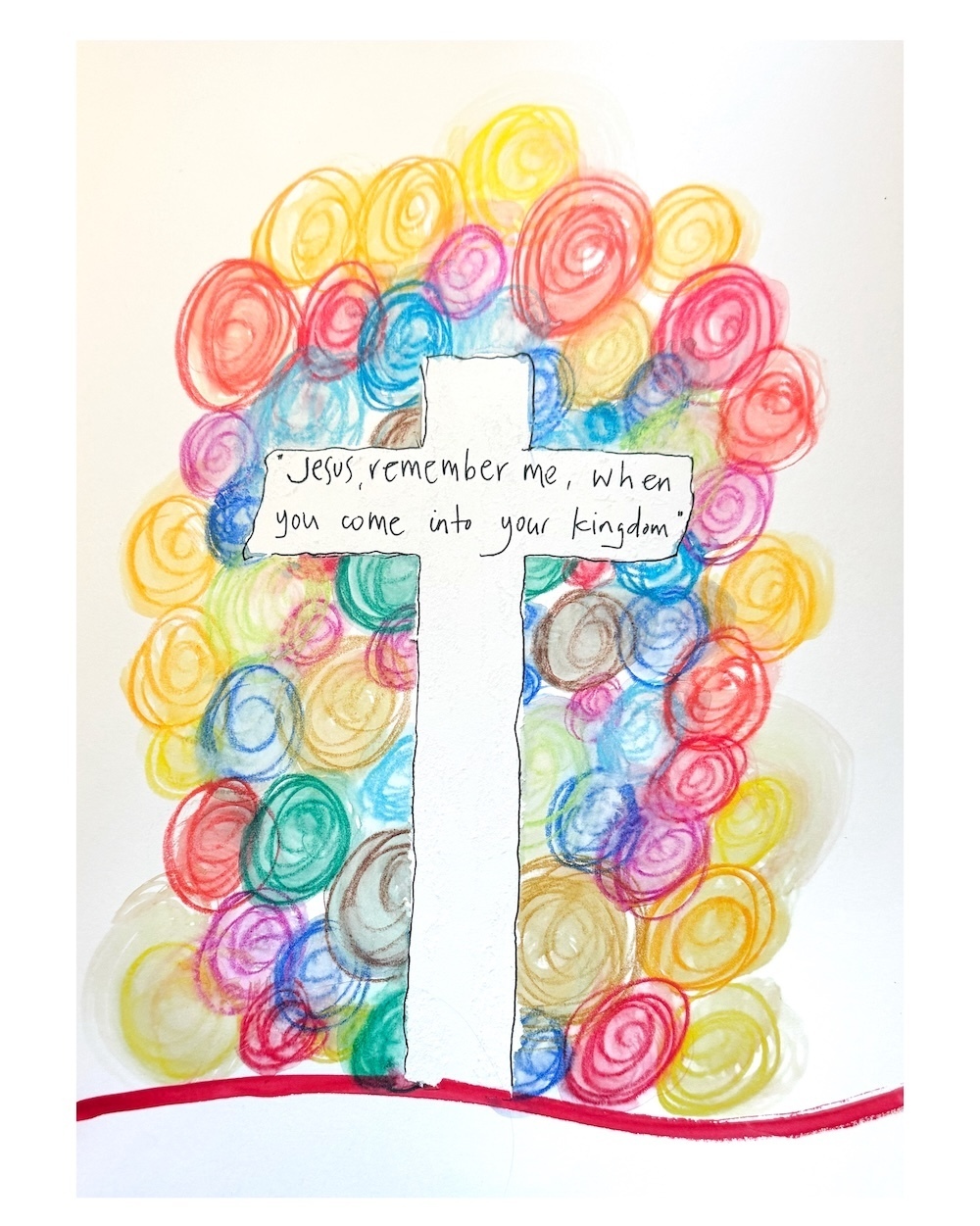 The cross surrounded by coloured circles. Jesus remember me