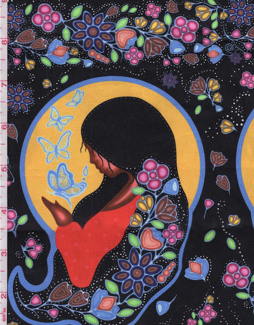 A fabirc swatch of a woman in a red dress surrounded by indigenous art patterns