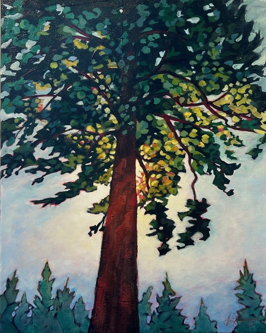 A n acrylic painting of a tree seen looking up from the ground.