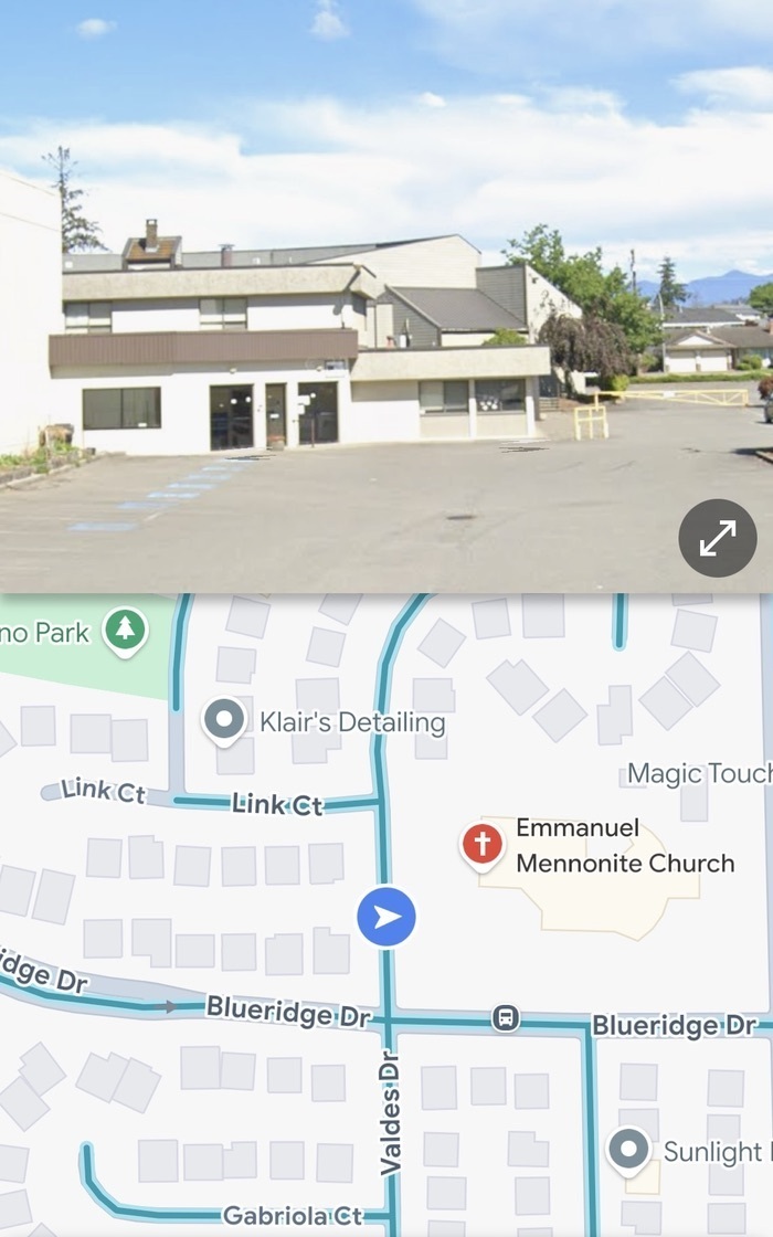 The building of Emmanuel Mennonite Church with the street map below