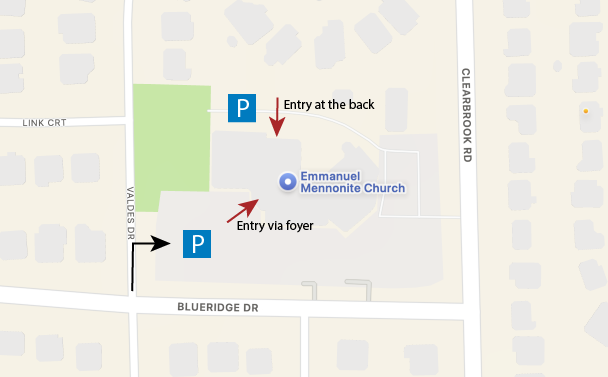 A map showing where to park and where to enter the building at EMC